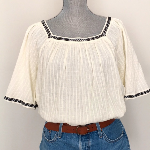 LOFT Textured Embroidered 100% Cotton Flowy Peasant Top, sz Medium - Picture 3 of 14